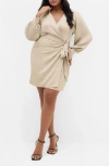 City Chic Marlowe Faux Wrap Dress In Neutral
