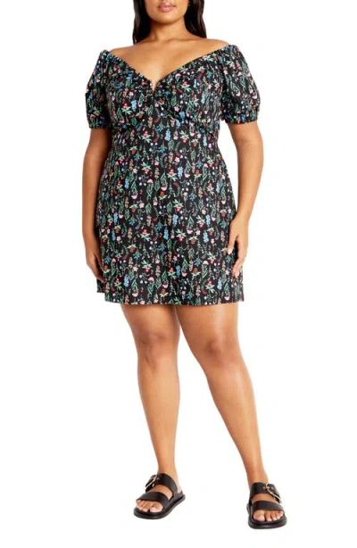 City Chic Martine Floral Off The Shoulder Stretch Cotton Minidress In Bloom Study