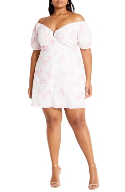 City Chic Martine Floral Off The Shoulder Stretch Cotton Minidress In Pink