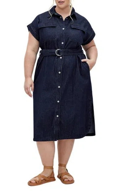 City Chic Matilda Denim Button-up Shirtdress In Blue