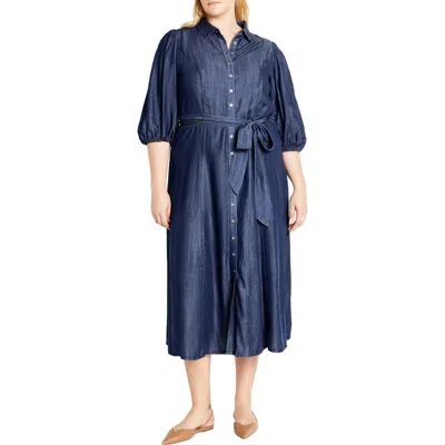 City Chic Matilda Tie Waist Denim Maxi Dress In Dark Wash