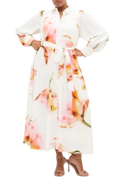 City Chic Maxi Floral Satin Maxi Shirtdress In White