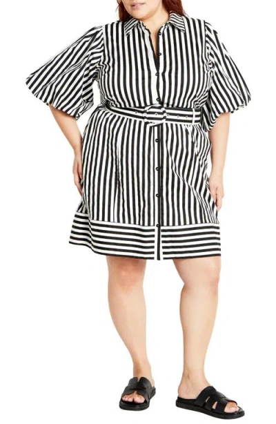 City Chic May Stripe Stretch Poplin Shirtdress In Black Stripe