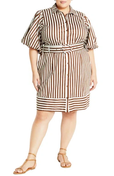 City Chic May Stripe Stretch Poplin Shirtdress In Tabacco Stripe