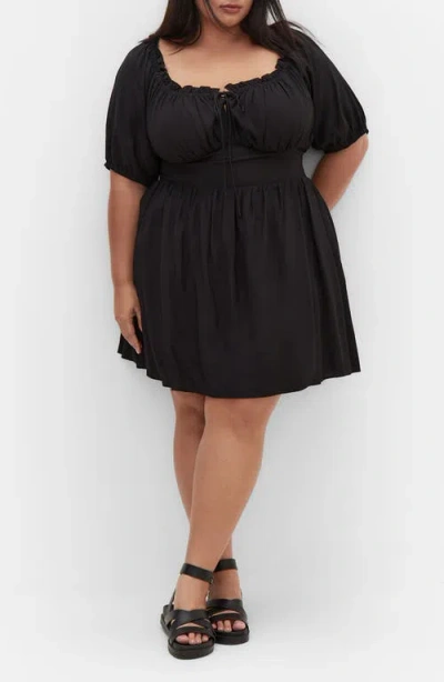 City Chic Mela Puff Sleeve Fit & Flare Dress In Black