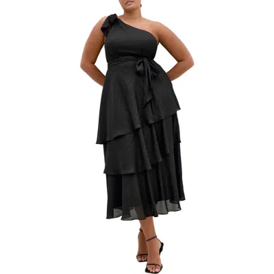 City Chic Metallic One-shoulder Tiered Dress In Blue