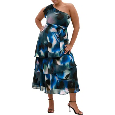 City Chic Metallic One-shoulder Tiered Dress In Multi