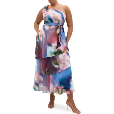 City Chic Metallic One-shoulder Tiered Dress In Multi