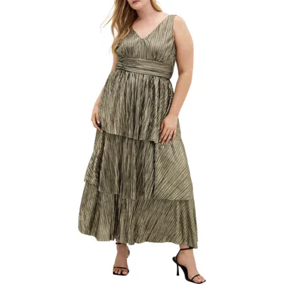 City Chic Metallic Tiered Maxi Dress In Green