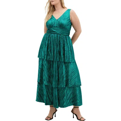 City Chic Metallic Tiered Maxi Dress In Green