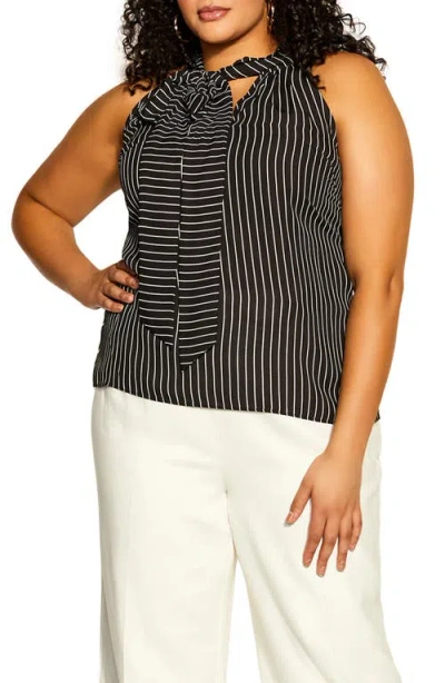 City Chic Mia Stripe Tie Neck Top In Black Stripednu