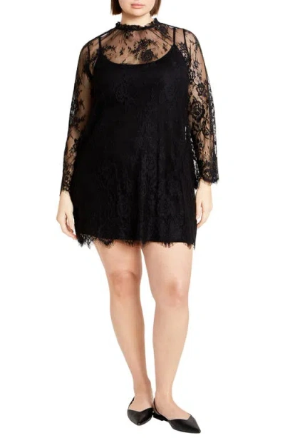 City Chic Micaela Long Sleeve Lace Overlay Dress In Black