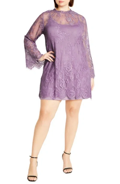City Chic Micaela Long Sleeve Lace Overlay Dress In Vintage Lavender