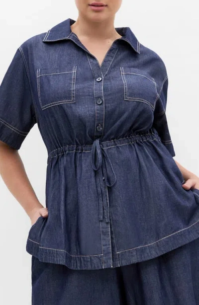 City Chic Mikayla Tie Waist Denim Shirt In Blue