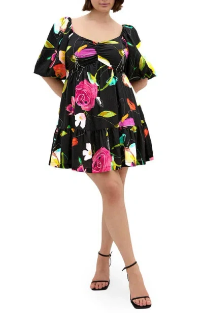 City Chic Mila Floral Print Minidress In Black