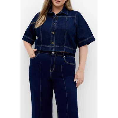 City Chic Millie Short Sleeve Denim Jacket In Dark Denim