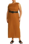 City Chic Lana One-shoulder Sleeveless Linen Blend Maxi Dress In Brown