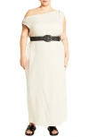City Chic Lana One-shoulder Sleeveless Linen Blend Maxi Dress In Stone