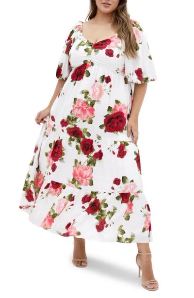 City Chic Mindy Print Puff Sleeve Dress In Dolce Ivory