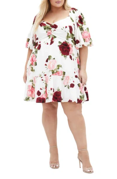 City Chic Mindy Rose Print Minidress In Dolce Ivory