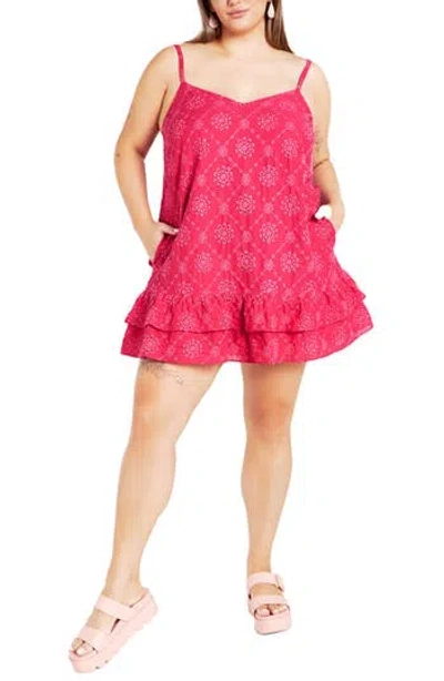 City Chic Myah Embroidered Eyelet Cotton Ruffle Shift Dress In Pink