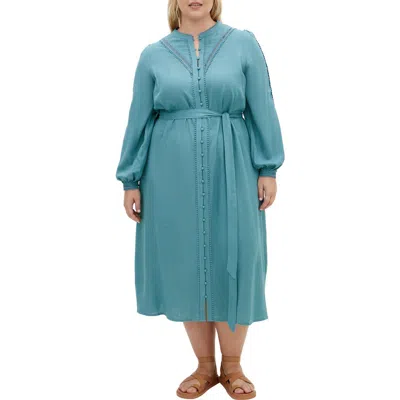 City Chic Mysteria Long Sleeve Button Front Dress In Blue