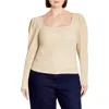 City Chic Mysteria Shirred Square Neck Puff Shoulder Long Sleeve Top In Latte