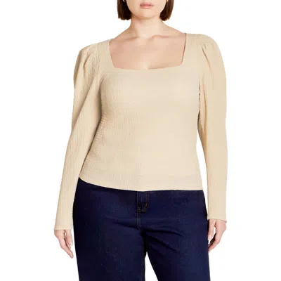 City Chic Mysteria Shirred Square Neck Puff Shoulder Long Sleeve Top In Latte
