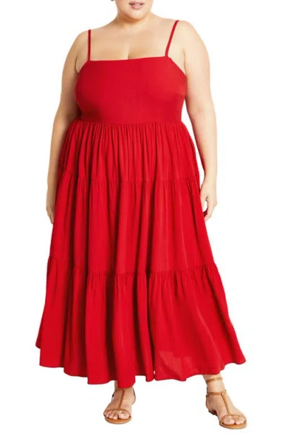 City Chic Mystic Tiered Midi Sundress In Crimson