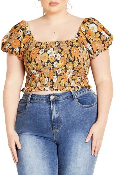 City Chic Naomi Smocked Off The Shoulder Top In Brown