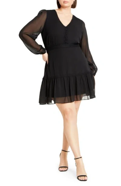 City Chic Navy Embroidered Sheer Balloon Sleeve Dress In Black