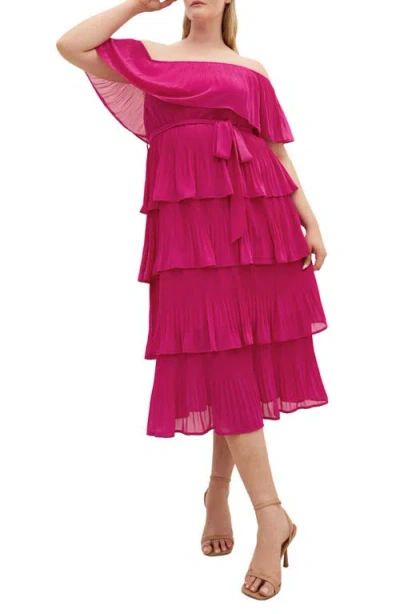 City Chic Night Garden Off The Shoulder Tiered Dress In Animal Print
