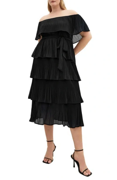 City Chic Night Garden Off The Shoulder Tiered Dress In Black