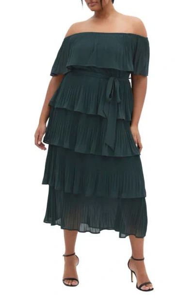 City Chic Night Garden Off The Shoulder Tiered Dress In Green