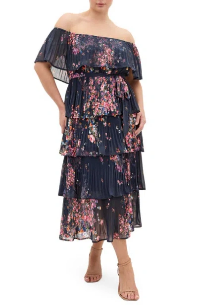 City Chic Night Garden Off The Shoulder Tiered Midi Dress In Multi