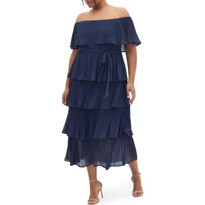 City Chic Night Garden Pleated Tiered Maxi Dress In Blue