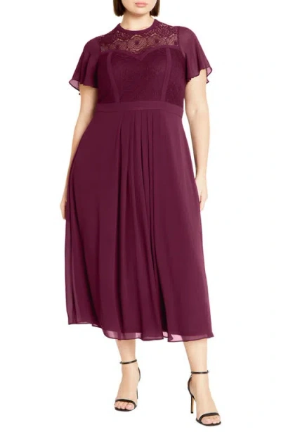 City Chic Niki Embroidered Lace Fit & Flare Dress In Plum