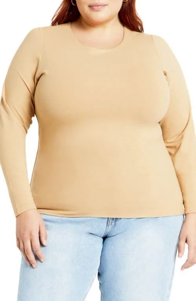 City Chic Noa Long Sleeve Stretch Cotton Top In Latte
