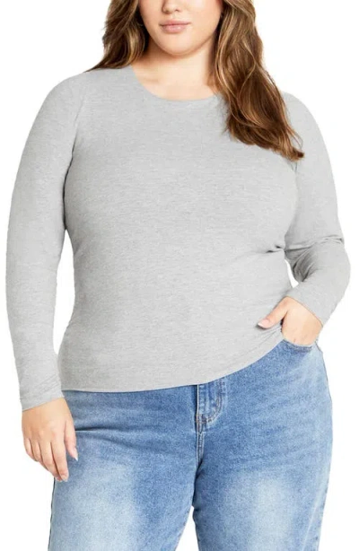 City Chic Noa Long Sleeve Stretch Cotton Top In Light Grey Marle