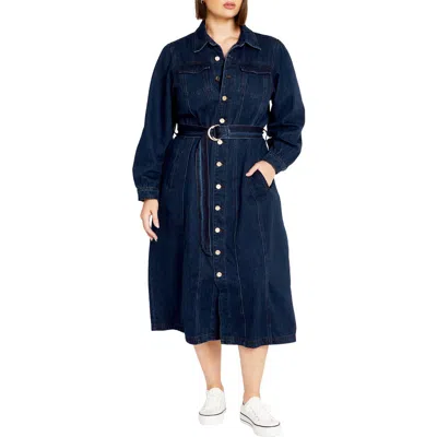 City Chic Oaklyn Belted Long Sleeve Denim Dress In Mid Denim