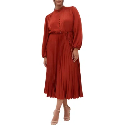 City Chic Oasis Long Sleeve Pleated Dress In Cinnamon