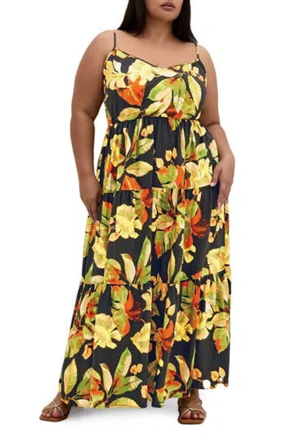 City Chic Oasis Maxi Sundress In Foliage Leaves Print