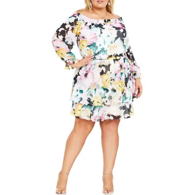 City Chic Odessa Off The Shoulder Long Sleeve Dress In Multi