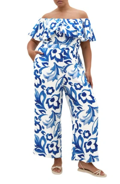 City Chic Off The Shoulder Floral Print Jumpsuit In Blue