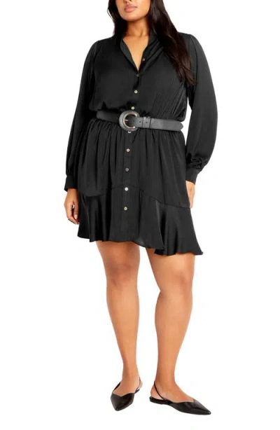 City Chic Oki Belted Long Sleeve Shirtdress In Black