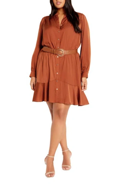 City Chic Oki Belted Long Sleeve Shirtdress In Copper