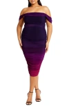 City Chic Ombré Ruched Square Neck Cap Sleeve Dress In Magenta Ombre