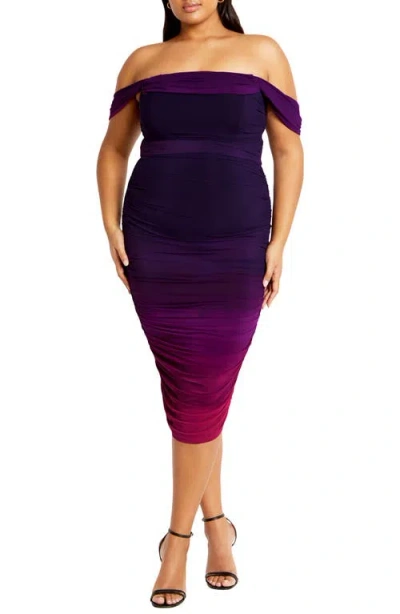 City Chic Ombré Ruched Square Neck Cap Sleeve Dress In Magenta Ombre