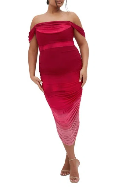 City Chic Ombré Ruched Square Neck Cap Sleeve Dress In Ruby Ombre