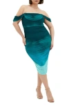 City Chic Ombré Ruched Square Neck Cap Sleeve Dress In Sea Ombre